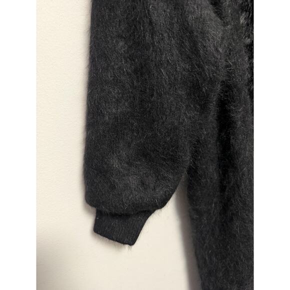 Modefia Coat Womens Medium Large Black Angora Blend Faux Fur Trim Long Duster - Picture 6 of 13